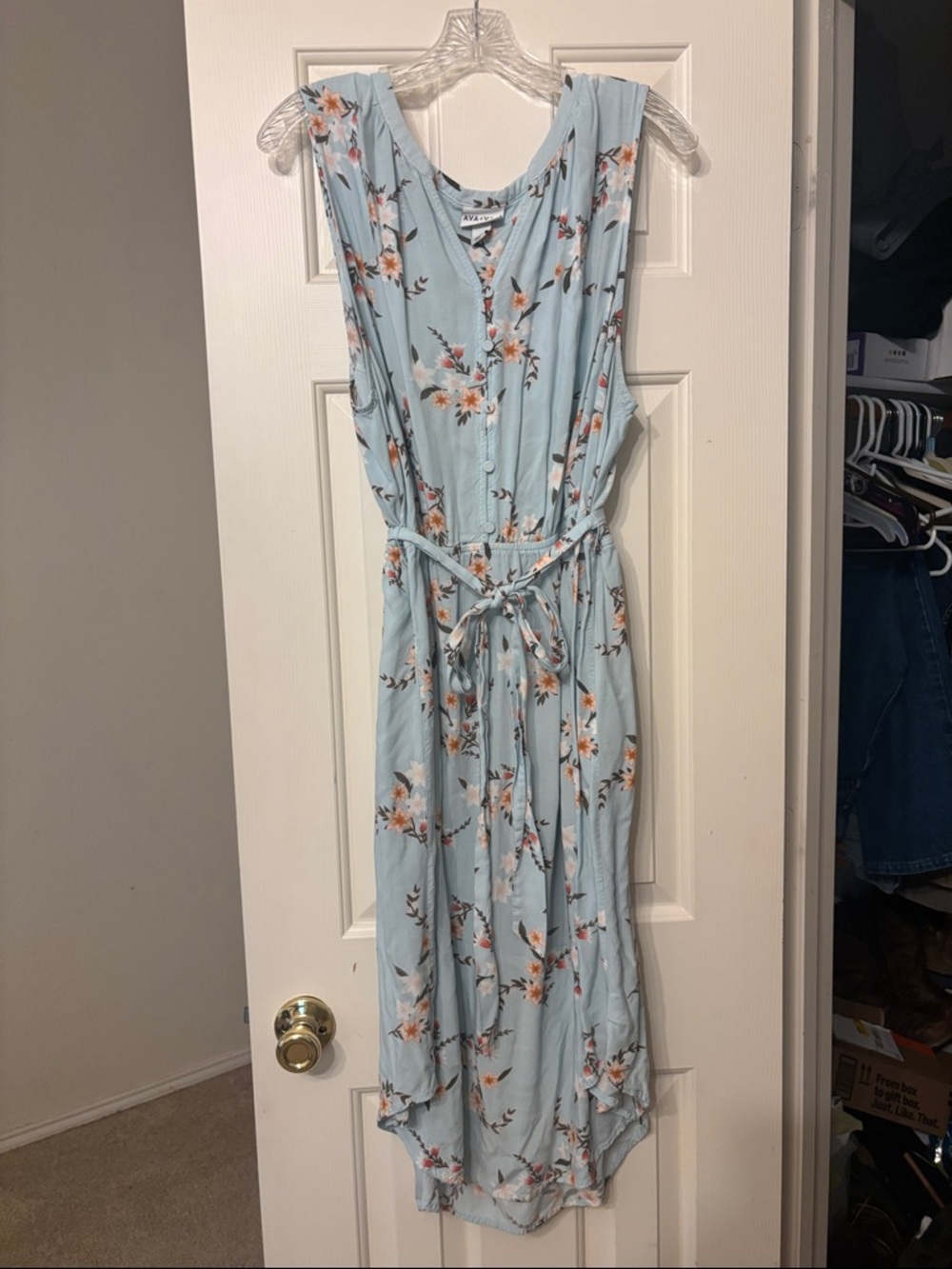 Ava & Viv Light Blue Floral Maxi Dress with Tie Waist